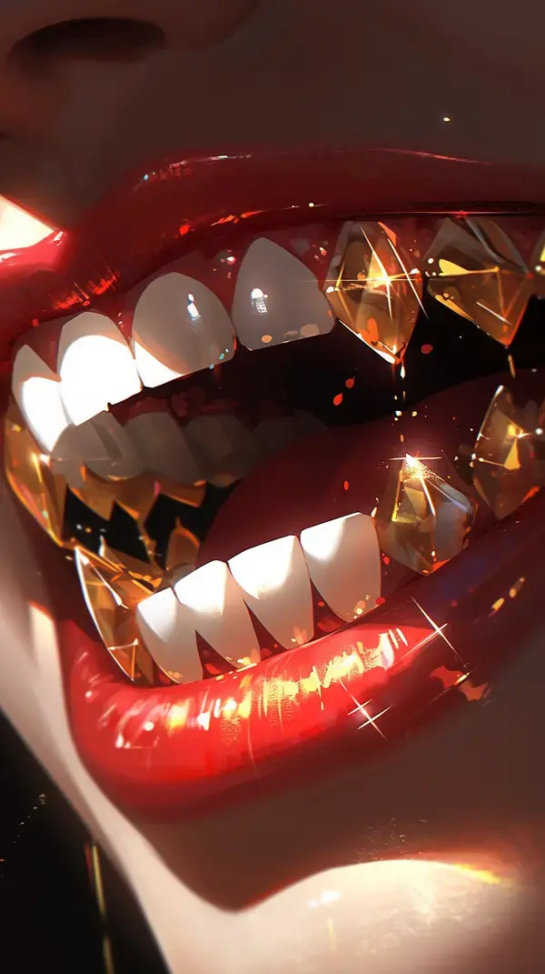 a close up of a person's mouth with gold teeth