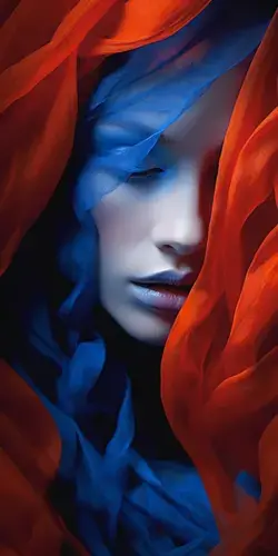 a close up of a woman with red and blue hair