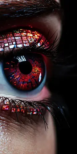 a close up of a person's eye with a stained glass reflection