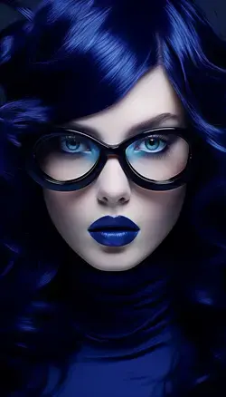 a close up of a woman with blue hair and glasses