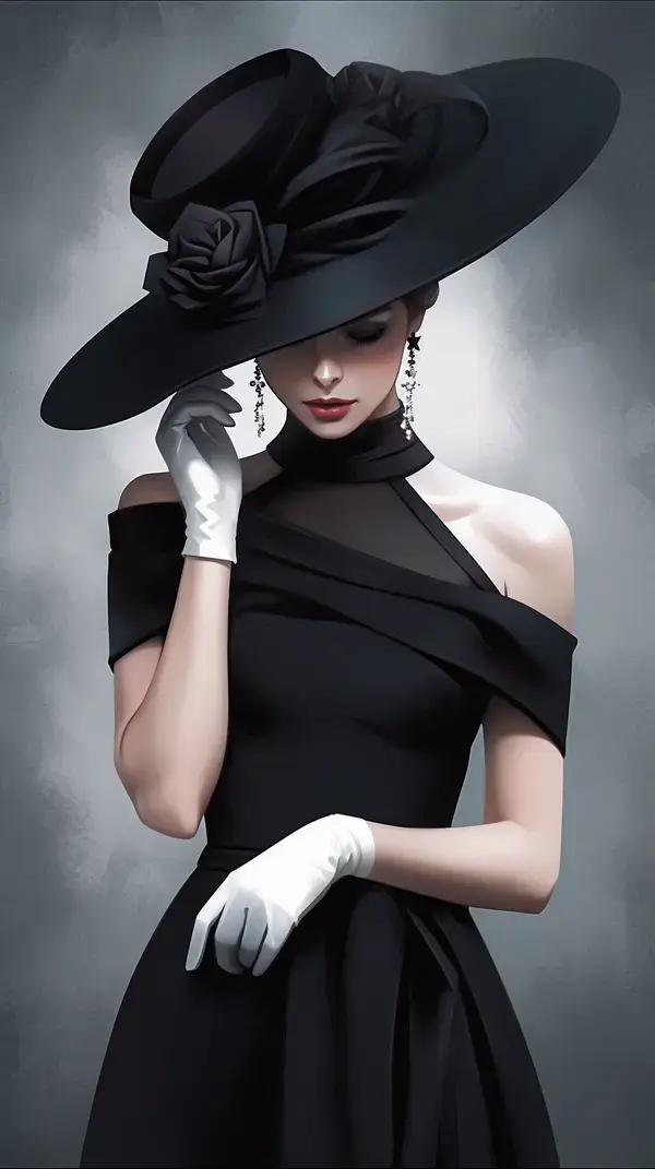 a woman in a black dress and a black hat