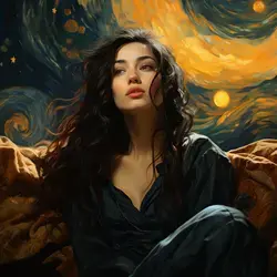 Mujer hermosa viendo noche estrellada de Van Gogh