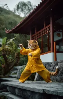 a cat in a yellow outfit doing a karate pose