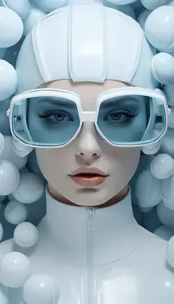 a woman in a white suit and sunglasses surrounded by balls