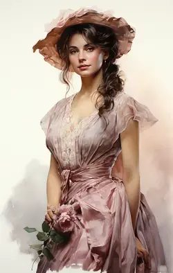Vintage flower girl art, Bridesmaid art illustration, pink dress outfit