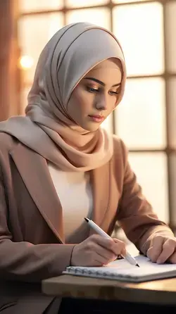 Beautiful woman wearing hijab, making notes