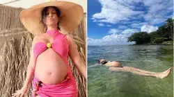 Kourtney Kardashian exhibits her expanding baby bump in adorable swimsuit with cut-outs while on ...