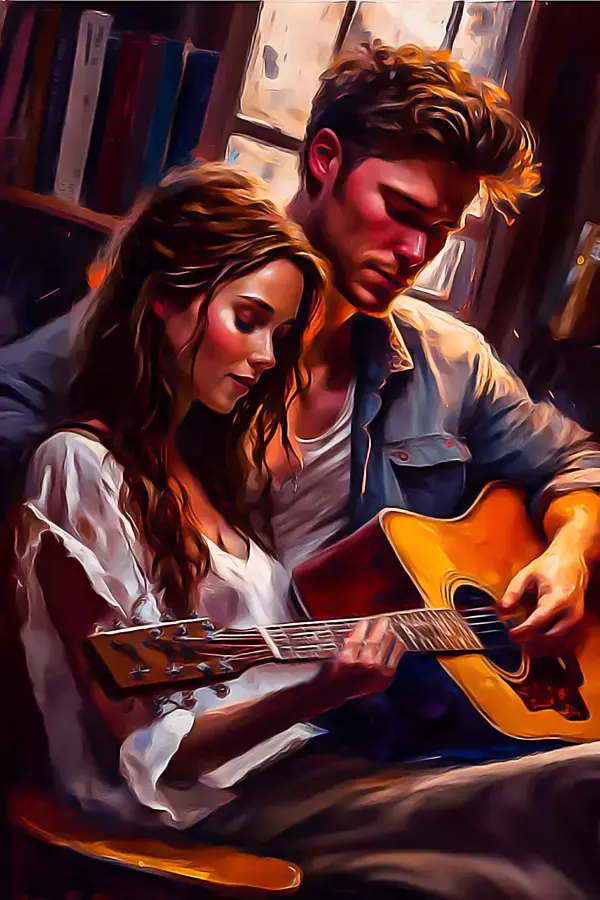 Guitar Playing Two Lovers Art Romantic Painting Aesthetic Abstract Intimate Sensual Soulmate