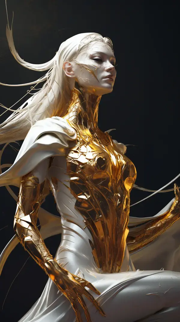 a woman in a white and gold costume