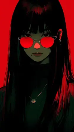 a woman with red glasses on her face