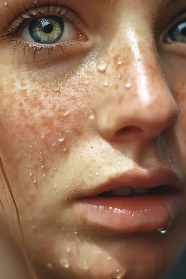 a close up of a woman with freckles on her face