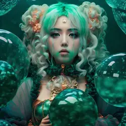 Photo taken with Canon EOS R5, POV, half body shot, surrealistic. 1gyaru is a emerald goddess, cute