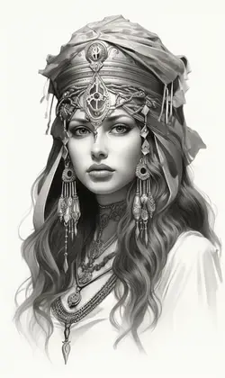a drawing of a woman wearing a headdress
