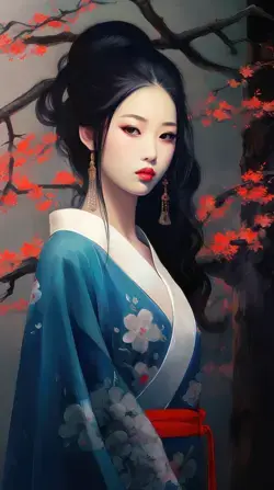 I see her there, beneath the cherry tree, Her visage, enchanting, yet longing to be free