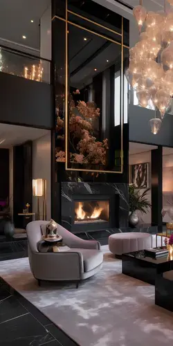 luxury living room interior design adorned in rich leather, bespoke lighting