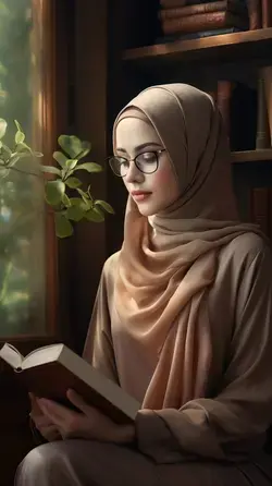 Beautiful woman wearing hijab, reading book