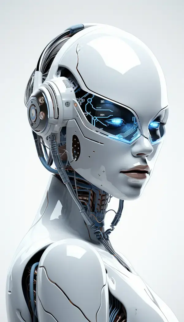 a white robot with headphones and blue eyes