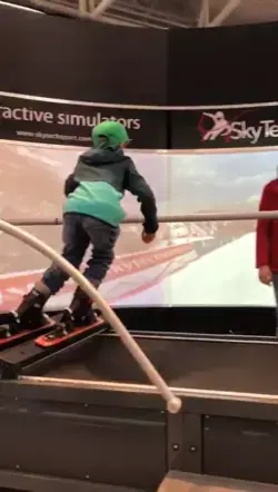 Skiing training indoor with professional ski training machine by SkyTechSport at ISPO 2020 in Munich