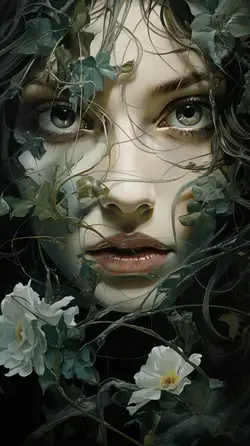 a close up of a woman's face surrounded by flowers