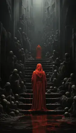 a person in a red robe standing on a set of stairs