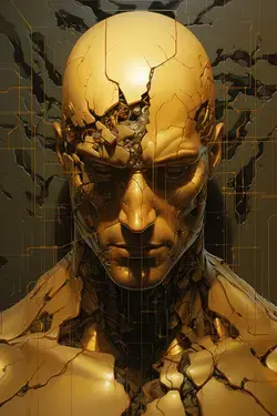 a golden robot with a broken head and a broken face