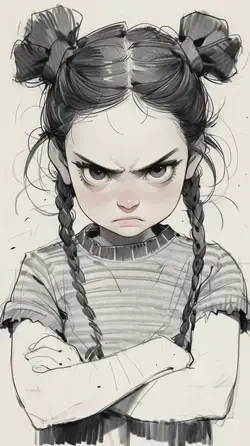 a drawing of a young girl with pigtails