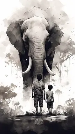 black and white illustrations of a child standing by his elephant