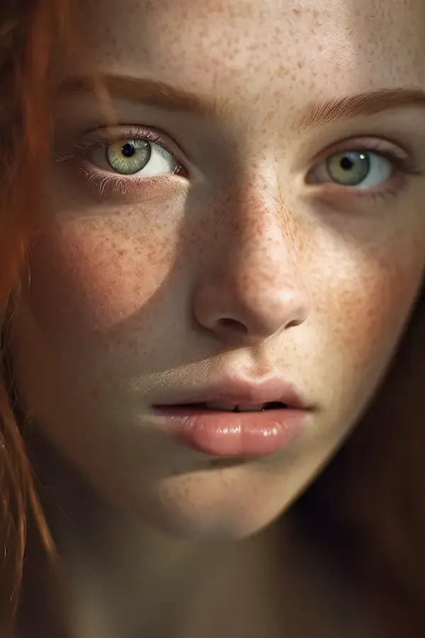 a close up of a woman with freckles on her face