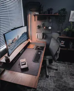 Home office walnut wood desk setup