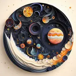 circle, outer space theme, Cut paper and paper quilling, complex detailed