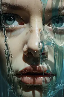 a close up of a woman's face with water on it