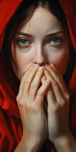 a painting of a woman with a red hood covering her face