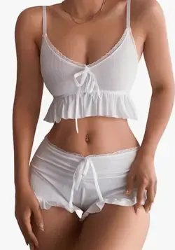 Women's 2 Piece Lingerie Set Pajama Sets Ruffle Trim Tie Front Cami Top and Shorts Sleepwear