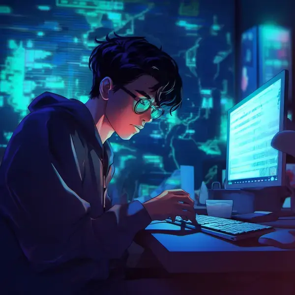Anime-style image of a young hacker typing lines of code.