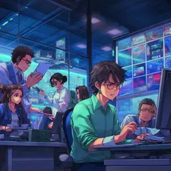 An anime-style collage depicting various IT professionals hard at work in a high-tech environment.