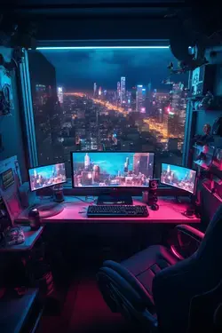 Cyberpunk Computer Room on a High-Floor Apartment