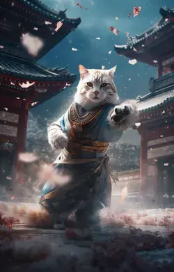 a white cat in a blue outfit is running in the snow