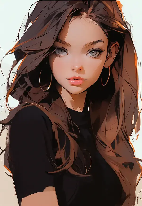 a woman with long brown hair and big hoop earrings