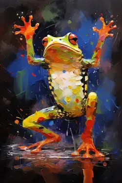 a painting of a frog jumping in the air