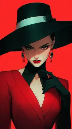 a woman in a black hat and red dress