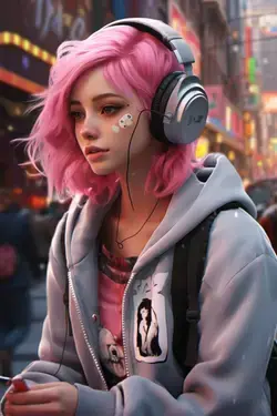 Hyper-Realistic Urban Art: Pink-Haired Girl with Headphones