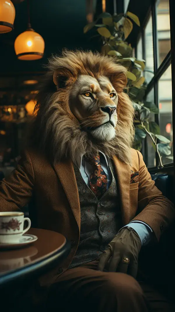 a man in a lion mask sitting at a table