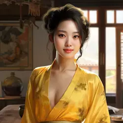 a woman in a yellow kimono is posing for a picture