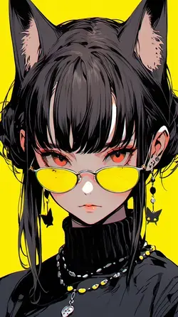 a girl with a cat ear and yellow glasses