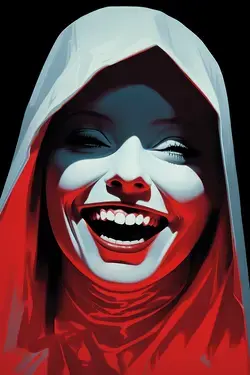 a woman wearing a red hood and a white face