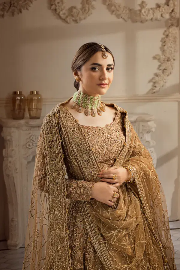 Golden Pakistani Bridal Dress in Lehenga Choli Style - LARGE