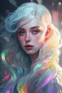 insta girl, pastel rainbow, large glittering shiny beautiful eyes, pastel rainbow hair 🌈 with iride