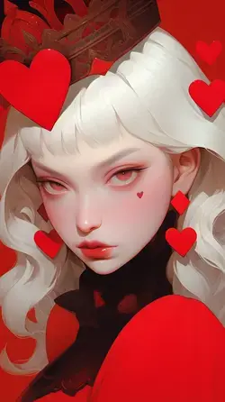 a woman with white hair and red hearts on her head