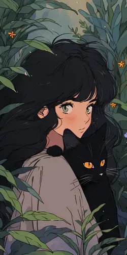 Anime scene A girl in the jungle with a black cat Sticker