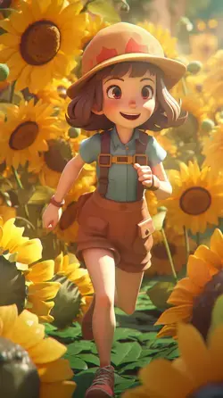 a cartoon girl walking through a field of sunflowers